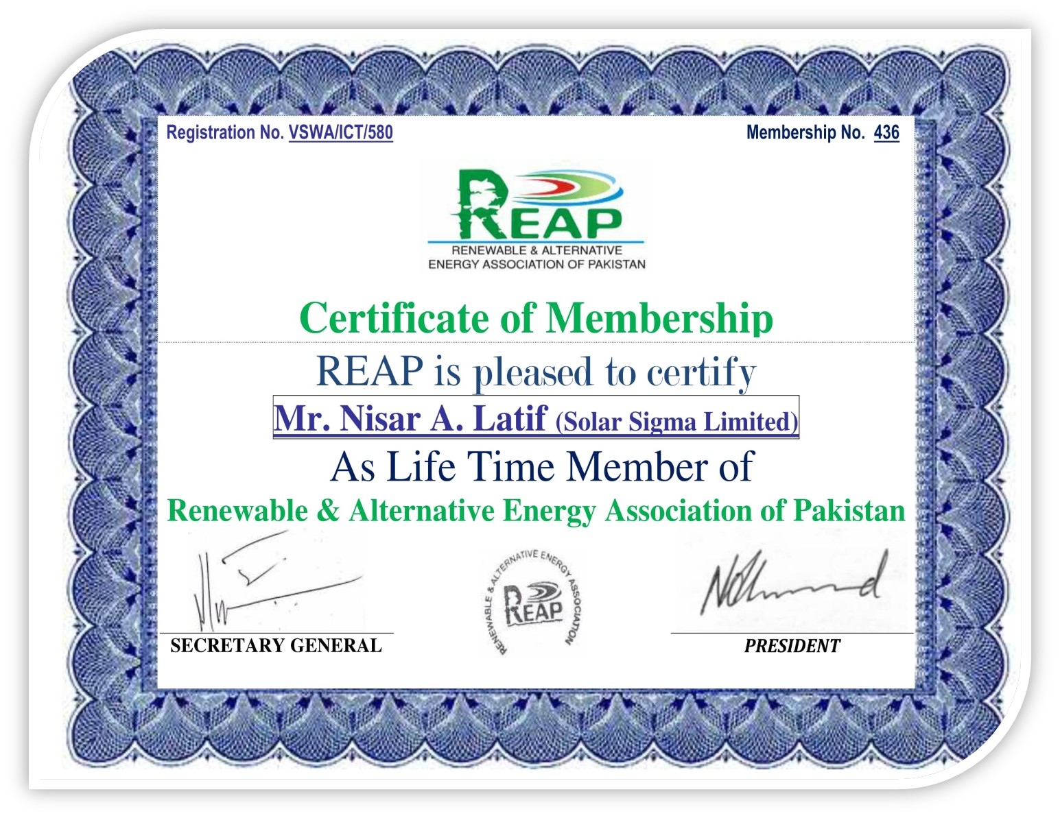 REAP Membership Certificate